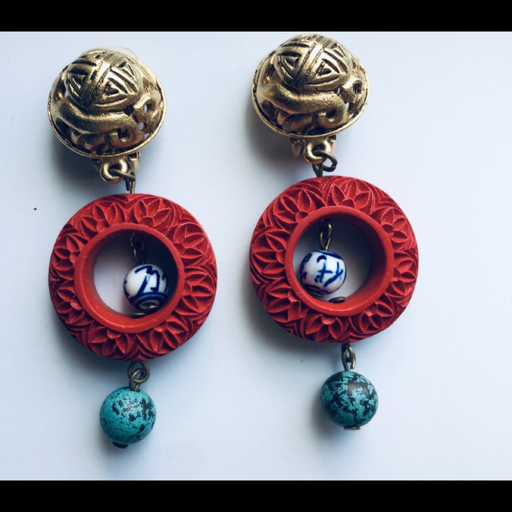 Vintage Clip-ons,MidCentury Asian Motif. Cinnabar!